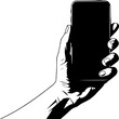 © Sama - Hand holding mobile phone device silhouette vector illustration