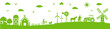 © Alex - Eco farm agriculture icon set, green countryside landscape with tractor barn animals trees and renewable energy symbols on transparent background