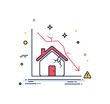 © Влада Яковенко - Housing market crisis depicted by a simple house icon intersected by a downward graph line, symbolizing property value decline and mortgage stress. Subtle