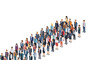 © Poniman - Isometric vector flat illustration of a large crowd of diverse men and women in professional attire standing in a long winding queue on a plain white background for social themes.