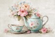 © Popelniushka - Pastel watercolor illustration of teapot and teacup surrounded by blossoms on a vintage postcard