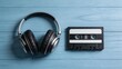 © 艾 邓 - Headphones and cassette tape on blue wood