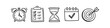 © Nort Kor - Hand-drawn doodle set of time management and productivity icons: alarm clock, checklist, hourglass, calendar, and target. Black line art icons for business planning and organization.