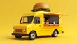 © Zaini - 3D render of yellow burger food truck with oversized bun roof, serving window display, vibrant background, playful fast food concept