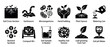 © David - Twelve black and white soil and gardening icons illustrating various aspects of plant growth, soil health, and agricultural practices in a clean, graphic style