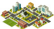 © 100% HAND-CRAFTED - Isometric map of small town. Top view of city landscape with hospital, school, church, business center, shops and residential buildings. Cartoon 3D vector illustration isolated on background