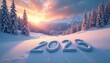 © Maryna - Snowy mountain landscape at sunrise with 2026 numbers imprinted in snow. Pine trees covered in frost. Winter scene with soft pastel sky colors. Peaceful and majestic view.
