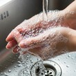 © Alpha - Soap bubbles cover hands being rinsed under a water stream in a stainless steel sink, representing clinical hygiene and safety protocols, fresh, procedure, sink