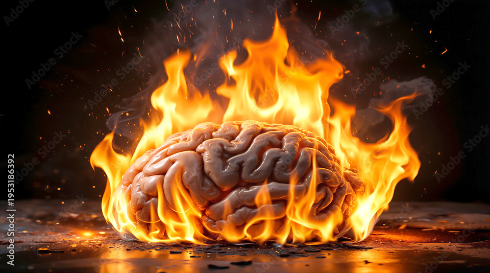 Burning human brain engulfed in intense flames. Conceptual ...