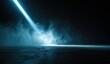 © Marisanavisha - A bright blue laser beam shines down onto a dark concrete floor filled with fog