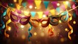 © Anat art - Banners with colorful masks and ribbons hang in a lively space for Purim festival, creating a bright and joyful environment for all attendees.