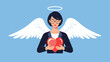 © Rafin - Businesswoman depicted as a peaceful angel with white wings and a golden halo holding a large red heart with love.
