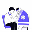 © Aoun - Shiva - Vector illustration of a Jew sitting on a low chair mourning his relative. His shirt is torn. In front of him on an ordinary chair sits a rabbi who comforts him. Flat colorful art painting. Se
