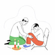© Aoun - Shiva - Vector illustration of a Jew sitting on a low chair mourning his relative. His shirt is torn. In front of him on an ordinary chair sits a rabbi who comforts him. Flat colorful art painting. Se