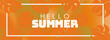 © abdy Abdilah48 - Summer theme with rich orange–gold gradient, layered monstera leaf silhouettes, and bold “Hello Summer” text inside a thin white frame, ideal for posters, banners, web headers, social media, promos.