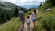 © Bussakon - A family hikes along a scenic mountain trail with a view of rolling hills and distant valleys under a cloudy sky