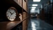 © Bussakon - A vintage clock with Roman numerals and a stack of books sit on a wooden shelf in a quiet library hallway