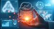 © MST - Human hand presenting a glowing 3D rendering of the intricate digestive system with futuristic medical data displays