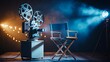 © Sarim - Film production concept with vintage movie camera director chair and studio lights on stage background
