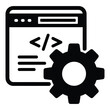© nirob - Black and white icon of a browser with coding symbols and gear  web development concept icon