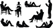 © Mahmudul - People reading books silhouette set with various poses sitting standing and lying, education and leisure concept, black vector illustration isolated on white