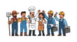 © Up - Flat illustration of diverse professionals waving in various occupations, including a farmer, chef, and construction workers, against a clean white background with a vibrant and welcoming