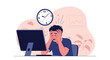© CreativeGrid - Stressed office worker sitting at his desk holding his head in frustration with a ticking clock and financial charts in the background.