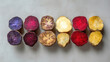 © eyecon - A geometric arrangement of sliced native Andean potatoes showing vibrant purple, red, and yellow interiors, highlighting the biological diversity of South American tubers.