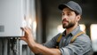 © Quail 8s Studio - Professional male technician wearing a cap and overalls adjusts a white wall mounted gas water heater or boiler unit