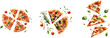 © Ali - Delicious pizza slices with pepperoni, olives, and fresh herbs, some with ingredients flying, isolated on transparent.