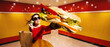 © master1305 - Woman holding sandwich close toward camera in colorful interior with bold styling. Concept of food branding, creative advertising, lifestyle campaigns and pop style commercial visuals.
