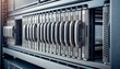 © hobonski - Medium angled shot of a server chassis showing a repetitive vertical pattern of blade servers and metallic components.