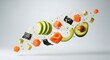 © MR Rahman - A vibrant and healthy mix of sushi ingredients, including avocado, salmon, and rice, suspended in mid-air.