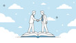 © Luther - Two corporate executives shaking hands while standing atop an open book against a bright blue sky with white clouds.