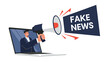 © Luther - Digital misinformation and fake news concept showing a giant megaphone emerging from a laptop screen being held by a man to spread fake news.