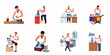 © Nadya - Set of illustrations featuring street food vendors preparing and selling traditional shaved ice and frozen treats using various equipment and carts.