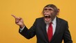 © Asawin - A surreal and intriguing image of a chimpanzee in a suit, pointing with one finger, and with its mouth open as if giving a speech. The chimpanzee seems very serious and expressive.