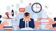 © Akash - Stressed office worker feels overwhelmed by piles of paperwork and constant demands in a busy work environment.