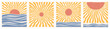 © Elena Panevkina - Sun shapes sunset sunrise, sea ocean waves illustrations. Retro groovy uneven wavy rays sunburst. Summer vacation, travel backgrounds. Water and sun silhouettes, square shapes, border templates set