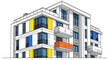 © Mas - Architectural depiction of a modern residential building featuring a vibrant color scheme