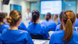 © Alex Alex - A group of medical students or nurses in blue medical uniforms is sitting with their backs to the camera, listening to a lecture in the classroom.