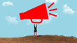 © master1305 - Woman standing on hill holding oversized megaphone shape against blue sky background. Concept of public announcement, marketing communication, brand promotion and loud message delivery.