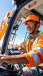 © master1305 - Close up of excavator operator wearing safety helmet and vest sitting inside machine cabin. Concept of skilled labor, equipment control, heavy machinery operation and construction expertise.