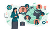 © naufal - HR recruiter holding magnifying glass searching for global talent on world map background, concept for talent acquisition, recruitment strategy and human resources management