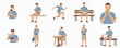 © Kios - Flat Style Different Poses Man Eating Food Everyday Activity Illustration