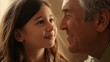 © Future Vision - Smiling granddad and grandchild sharing gaze at home by window curtain, wearing olive shirt