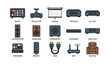 © Cali6ro - Home theater equipment icons including projector, screen, speakers, remote, and wifi router
