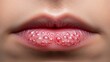 © WO - Medical close-up of herpes simplex outbreak on lip, small clustered fluid-filled blisters with slight redness, educational health awareness theme