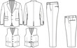 © Mst - Technical fashion flat vector of a men's three piece formal suit including blazer jacket waistcoat and trousers for professional apparel design and tailoring.