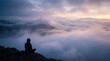 © Nexora Visual - Meditating on a mountain peak above clouds, a lone figure finds profound peace and spiritual connection amidst the vast, tranquil beauty of nature at dawn
